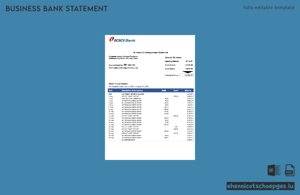 Beispiel eines Kontoauszugs der ICICI-Firma in Pakistan (Word- und PDF-Datei)